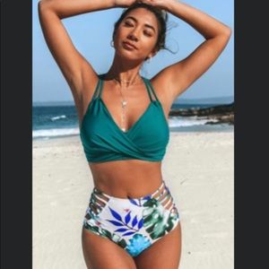 Tropical Palms Twist Front High Waisted Bikini